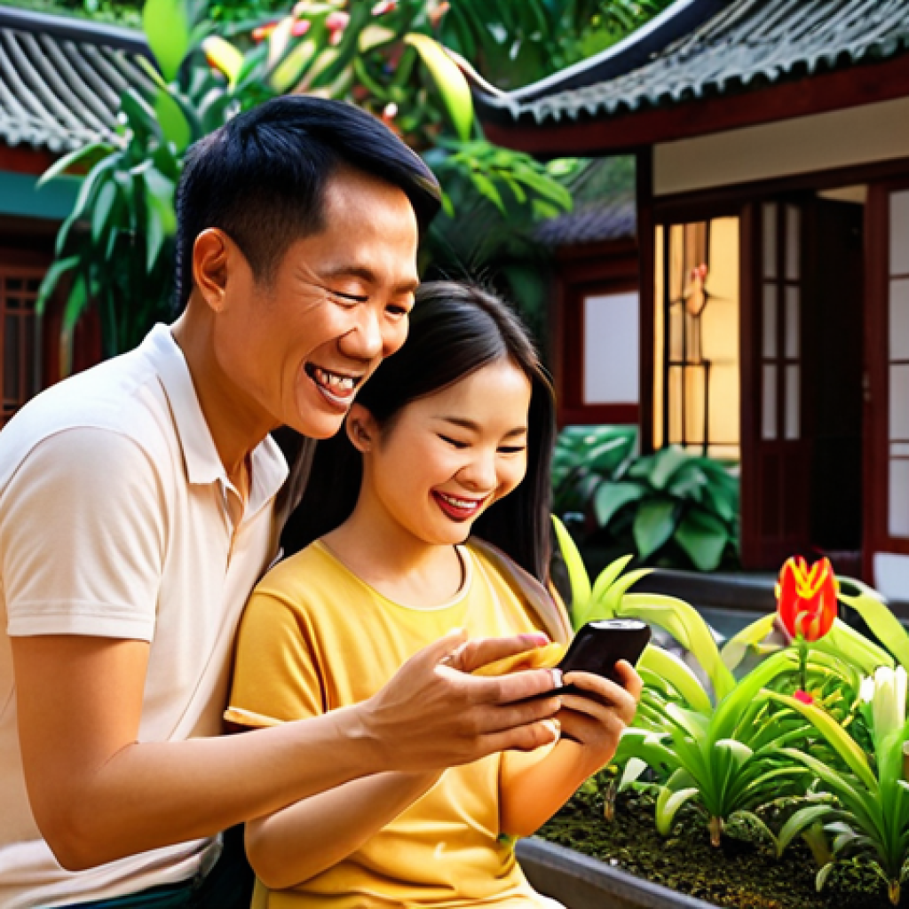 ** A heartwarming scene depicting a Vietnamese family (ông, bà, cha, mẹ, and con) happily playing Gardenscapes together on a mobile phone in their cozy, traditional Vietnamese garden (vườn). Focus on warm lighting and happy expressions. Include iconic Gardenscapes elements subtly blended into the garden.

**
