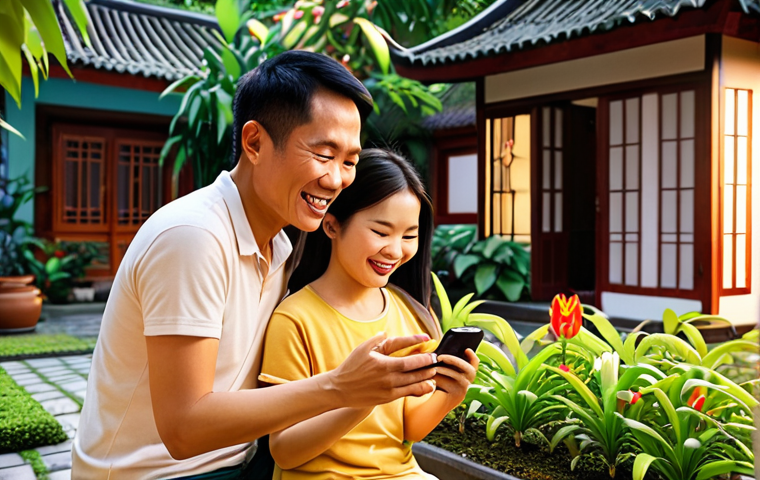 ** A heartwarming scene depicting a Vietnamese family (ông, bà, cha, mẹ, and con) happily playing Gardenscapes together on a mobile phone in their cozy, traditional Vietnamese garden (vườn). Focus on warm lighting and happy expressions. Include iconic Gardenscapes elements subtly blended into the garden.

**